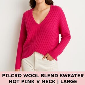 Anthropologie Pilcro Ribbed Wool Blend V Neck Sweater Hot Pink Barbiecore L